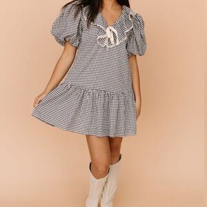Gingham Ruffle Collar Peplum dress - Black & White